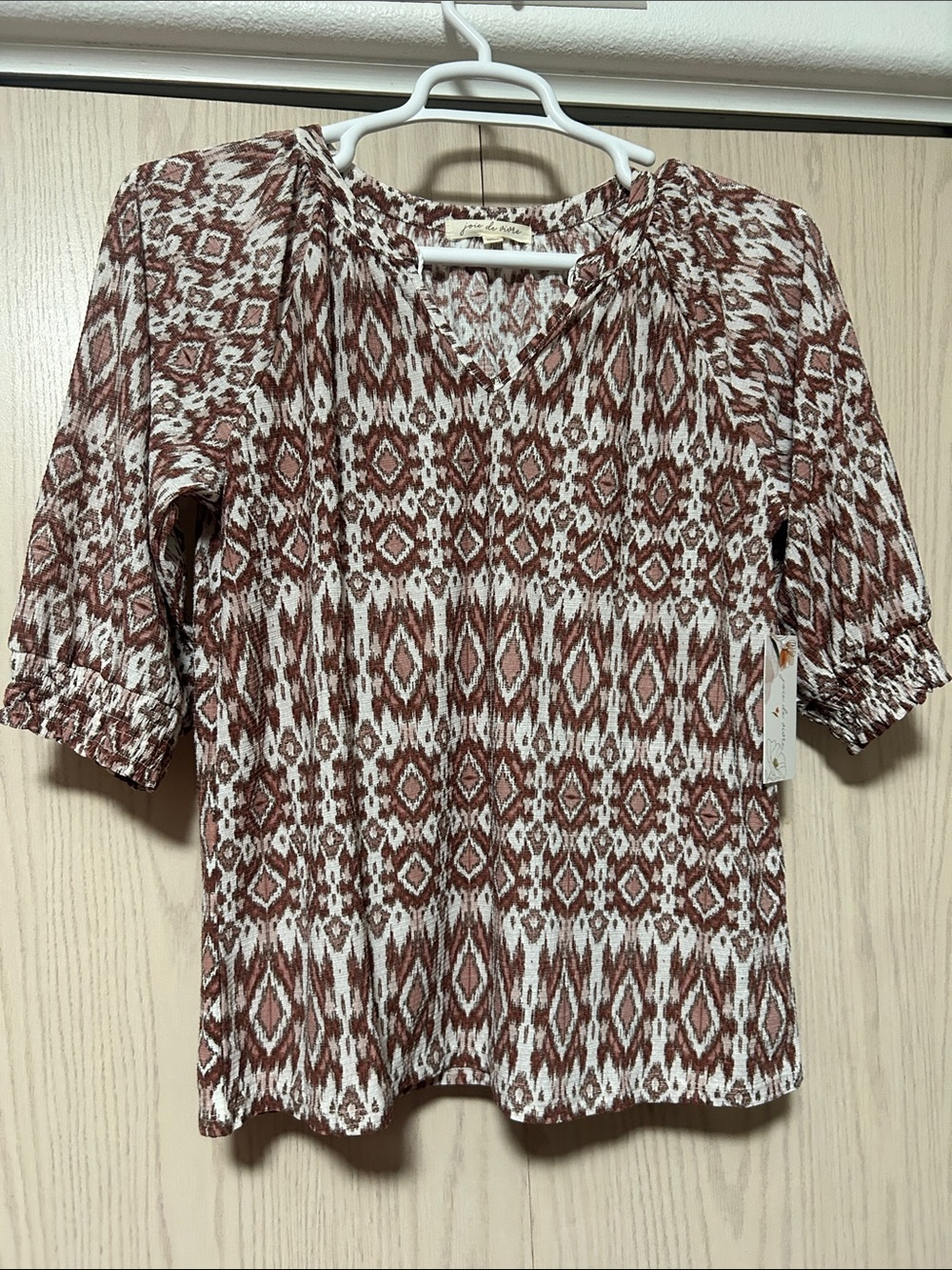 Free People Rust and White Ikat V-Neck Blouse